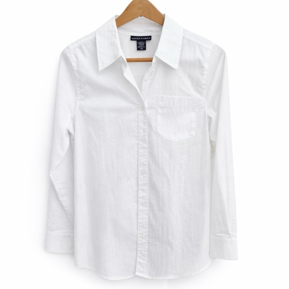 NWT Apostrophe White Pinstripe Button-Up Shirt – Classic Office Blouse Size M